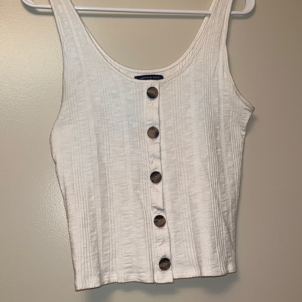 american eagle . white tank top crop top with brown/cream buttons